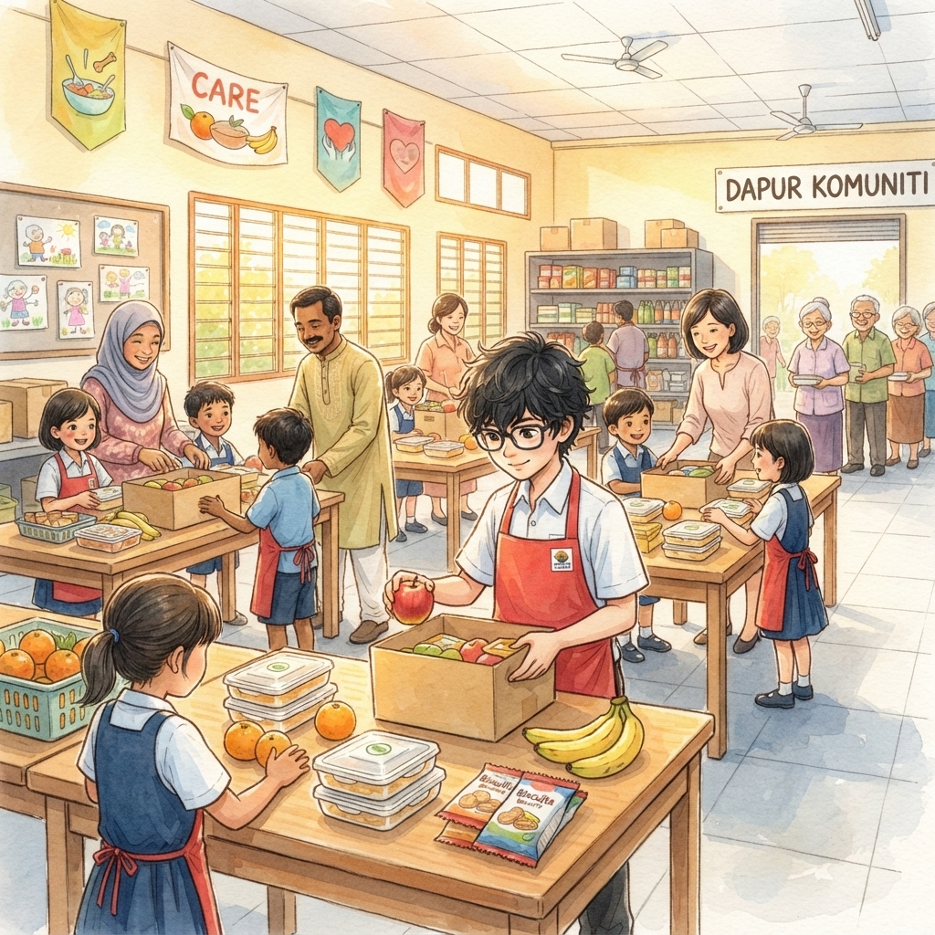 Para sukarelawan dan murid mengagihkan pek makanan berkhasiat kepada warga emas di Dewan Komuniti Taman Muhibah.