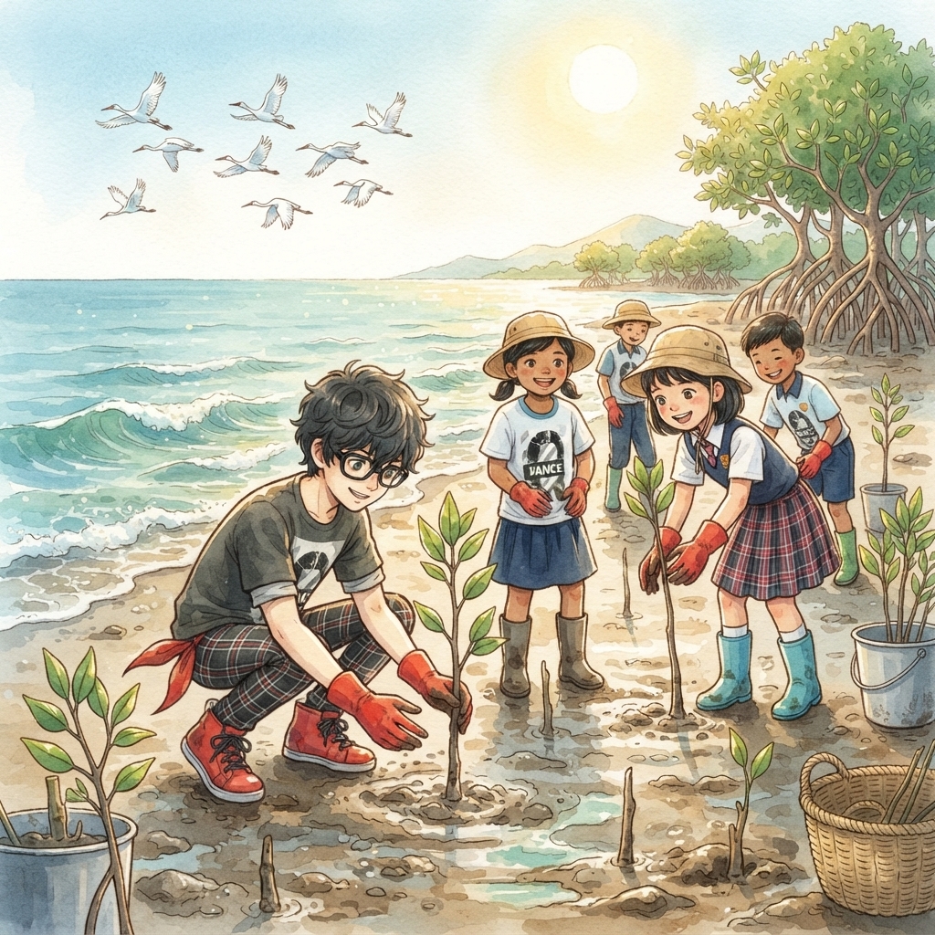 Murid-murid dan sukarelawan alam sekitar menanam anak pokok bakau di pesisir pantai berlumpur untuk memulihara ekosistem.